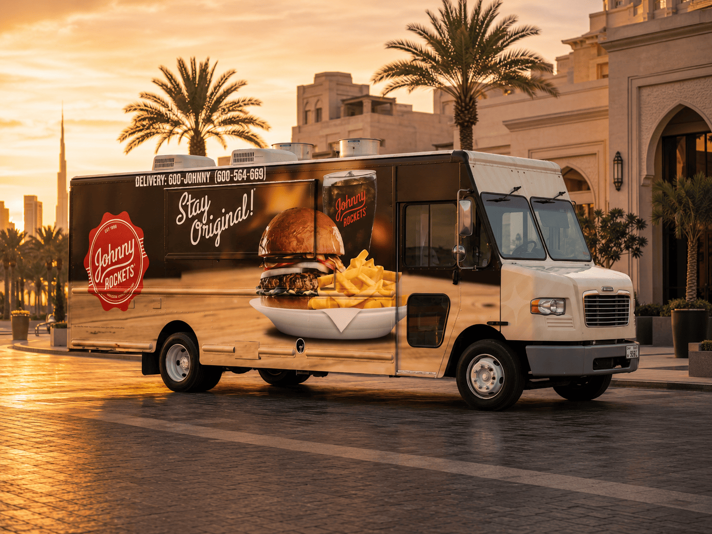 Food truck and caravan branding for a Dubai event with custom vehicle wrap